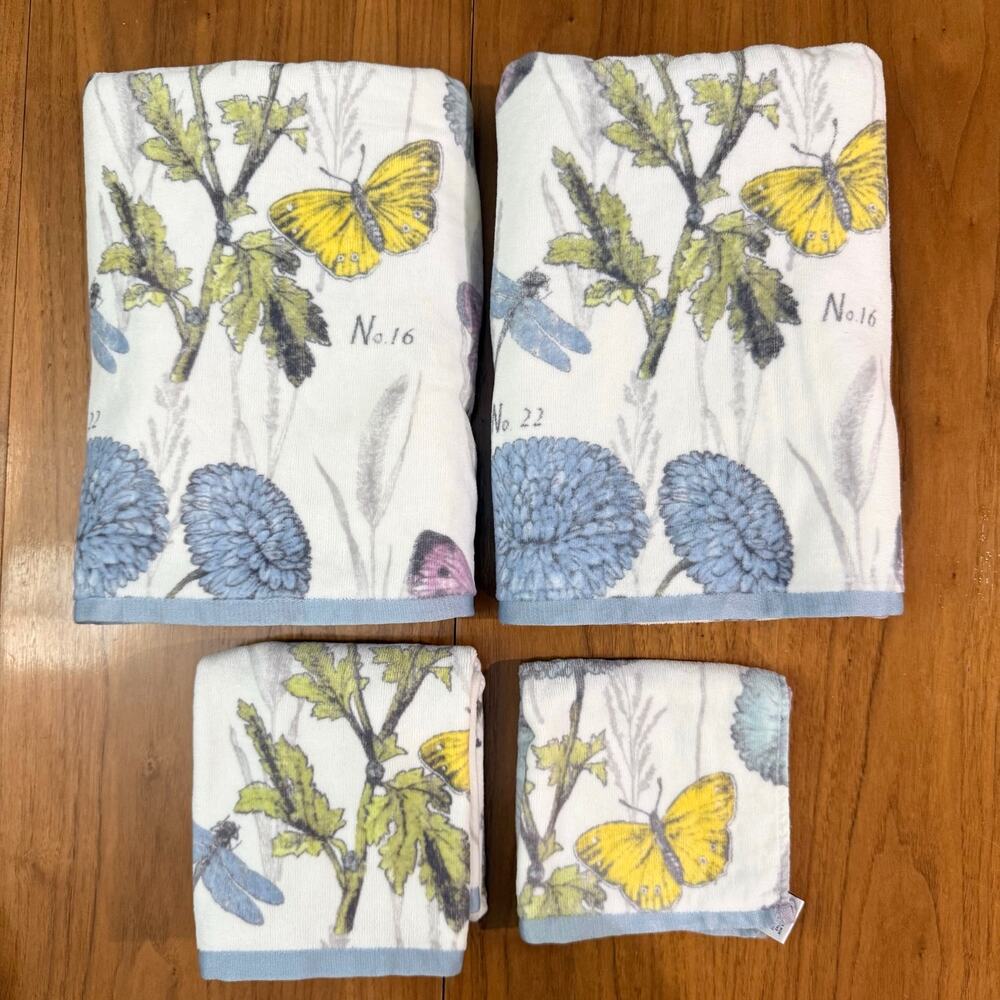 Peri Home Cotton Towel Botanical Butterfly Dragonfly Chrysanthemum 4 piece Set